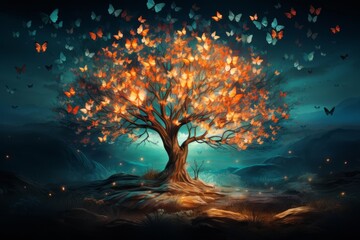 Wall Mural - Enchanted autumn tree with glowing butterflies