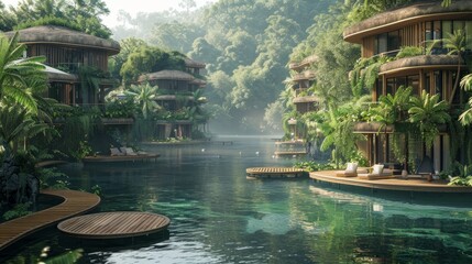 Wall Mural - A beautiful tropical scene with a river running through it. The houses are made of wood and are surrounded by lush greenery. The water is calm and clear, and there are several birds flying around