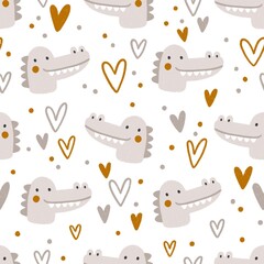 Wall Mural - Cute crocodiles with hearts. Cartoon nursery print in neutral colours, seamless pattern illustration for kids