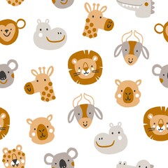 Wall Mural - Cute safari animal faces. Cartoon nursery print in neutral colours, seamless pattern illustration for kids. Isolated on white background