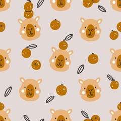 Wall Mural - Cute capybara with oranges or tangerines. Cartoon nursery print in neutral colours, seamless pattern illustration for kids