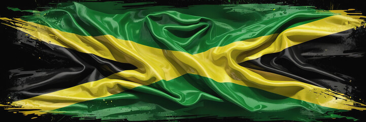 Wall Mural - The waving flag of Jamaica against the background of the nature of Jamaica. Jamaica's Independence Day