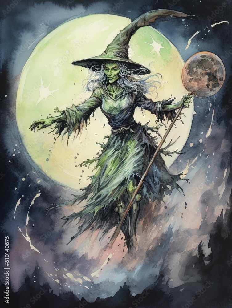 Witch casting a spell under the moon - A witch extends her arms ...