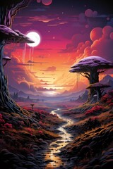 Wall Mural - Enchanting fantasy landscape with glowing moon and vibrant colors