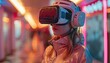 Young woman exploring VR in a neon world - An image showing a young woman exploring new realities with a VR headset in a neon-lit environment