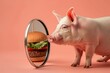 Pig in front of the mirror with reflection of hamburger. AI generative art	