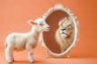 Lamb in front of the mirror with reflection of lion. AI generative art	