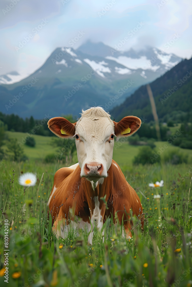 Cow lying in spring or summer sunny field with green grass and ...