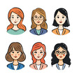 © Vectorvstocker - Collection six female characters smiling, different hairstyles, diverse ethnicity. Women cartoon portraits, young adult, casual professional attire, friendly faces. Handdrawn style, colorful, faces