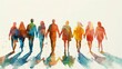 © Fatema - group of people figure holding hand and walking forward including shadow with water colour painting