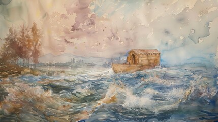 Wall Mural - Delicate watercolor scene of Noah's Ark amidst the floodwaters