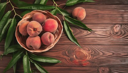 Wall Mural - juicy peaches in a plate on a wooden background

