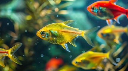 Colorful aquarium fish swim gracefully in a clear pond. The yellow and red fish, known as Black Tetras, add a vibrant splash of color to their watery home.