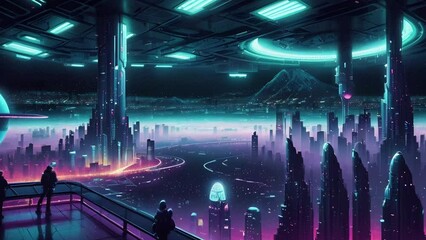 Wall Mural - Futuristic urban animation of cyberpunk cityscape with high skyscrapers aerial view. Steampunk cityscape animation with illustrations transformations, music visualization. AI generated video