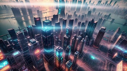 Wall Mural - Futuristic urban animation of cyberpunk cityscape with high skyscrapers aerial view. Steampunk cityscape animation with illustrations transformations, music visualization. AI generated video