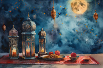 Wall Mural - A Paint Watercolor ramadan concept. Generative AI