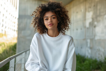 African American woman, city loft background, wearing white crewneck sweater for mockup, natural lighting