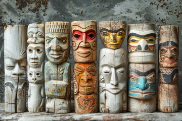 Artistic photo of a series of small timber totems lined up, each featuring unique cultural symbols. AI generated.