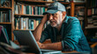 © RISHAD - Elderly man with a cap and beard deeply focused while using a laptop in a library setting, depicting lifelong learning and engagement with technology.