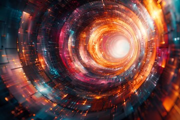 Wall Mural - a vibrant circular digital tunnel with various colors representing data flow or a technological pass