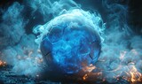 Fototapeta Sport - A soccer ball in blue smoke