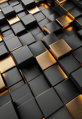 Poster - A 3D render of an array of golden and black cubes with a selective focus, creating a luxurious and modern pattern