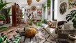 bohemian inspired living room with eclectic patterns, plants, and worldly decor accents