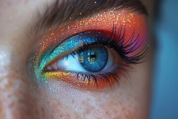 A close-up image capturing vibrant eye makeup and textured skin details