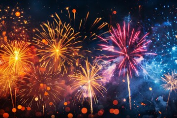 Wall Mural - A fireworks display with a blue sky background. The fireworks are in different colors and are lit up in the night sky