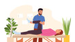 Vector illustration of an osteopath doctor. Cartoon scene of a girl lying on a couch, an osteopath checking muscle mobility, plants in pots, certificates on the wall isolated on a white background.