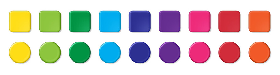 Wall Mural - realistic multi color 3d button. square and circle glossy colorful web ui buttons. vector empty roun