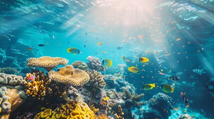 Wall Mural - Explore the vibrant underwater world of a tropical sea. Discover an array of colorful marine life, from exotic fishes to delicate corals, as you snorkel or dive through the enchanting waters.
