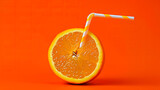 Fototapeta  - A slice of orange with a straw on an orange background.