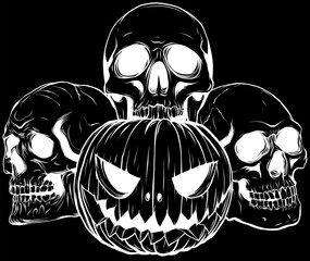 Poster - white silhouette of halloween pumpkins with piles of skulls on black background