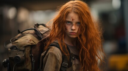 Poster - Determined young woman with red hair and backpack