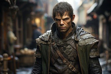 rugged post-apocalyptic warrior in a gritty urban setting