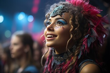 Sticker - Vibrant portrait of a smiling woman with feathered headdress