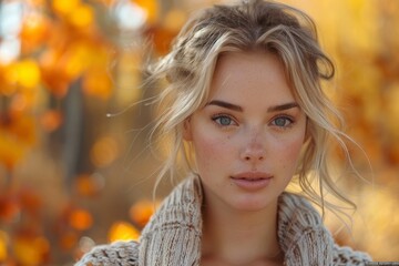 Poster - Portrait of a young blonde woman with a soft gaze, against a bokeh backdrop of autumn colors