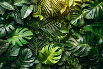 Wall Mural - Lush greenery with various tropical leaves, such as Monstera and Palm, creating a full, vibrant background texture