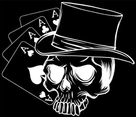 Wall Mural - white silhouette of Gentleman skull in cylinder hat with aces poker on black background vector illustration. digital hand draw