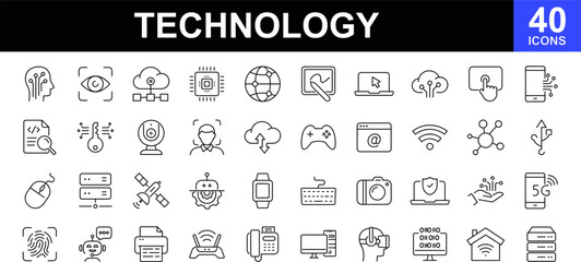 technology icon set. contains such icons as ai, robotics, cloud, automation, communication, geolocat