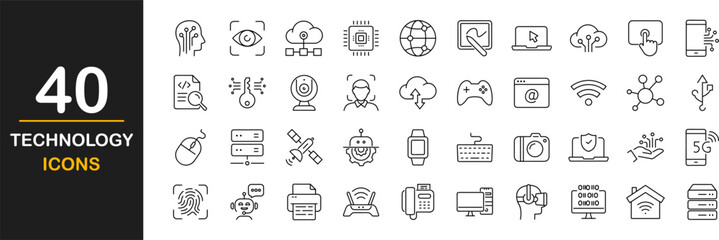 Technology icon set. Contains such icons as ai, robotics, cloud, automation, communication, geolocation, 5G, programming and more. Vector illustration