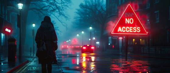 A person standing in the rain with a no access sign.