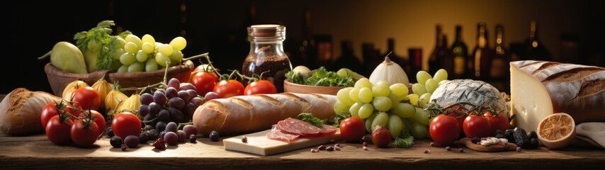 Wall Mural - Assortment of fresh fruits, vegetables, and bread on a rustic wooden table