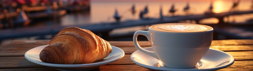 Poster - cozy coffee and croissant at sunset