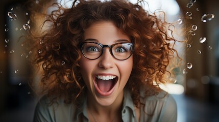 Canvas Print - Excited young woman with curly hair and glasses