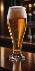 Glass of beer on a bar counter in a pub or restaurant, Oktoberfest celebration, international beer day concept