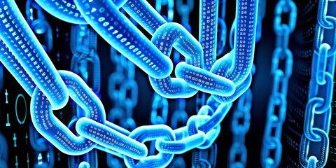 Fototapete - Blockchain Technology: A Digital Chain Comprised of Binary Code, Symbolizing Secure Data Connections and Advanced Cyber Security in a Futuristic, Networked World, Generative AI