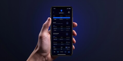 Fototapete - A Hand Holding a Smartphone Displaying a Sleek, Dark Mode Application Interface, Highlighting Modern Technology and User Experience Design, Generative AI