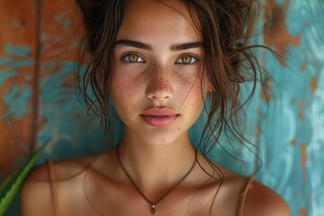 Wall Mural - A close-up portrait capturing the mesmerizing hazel eyes and freckles of a young woman against a teal backdrop